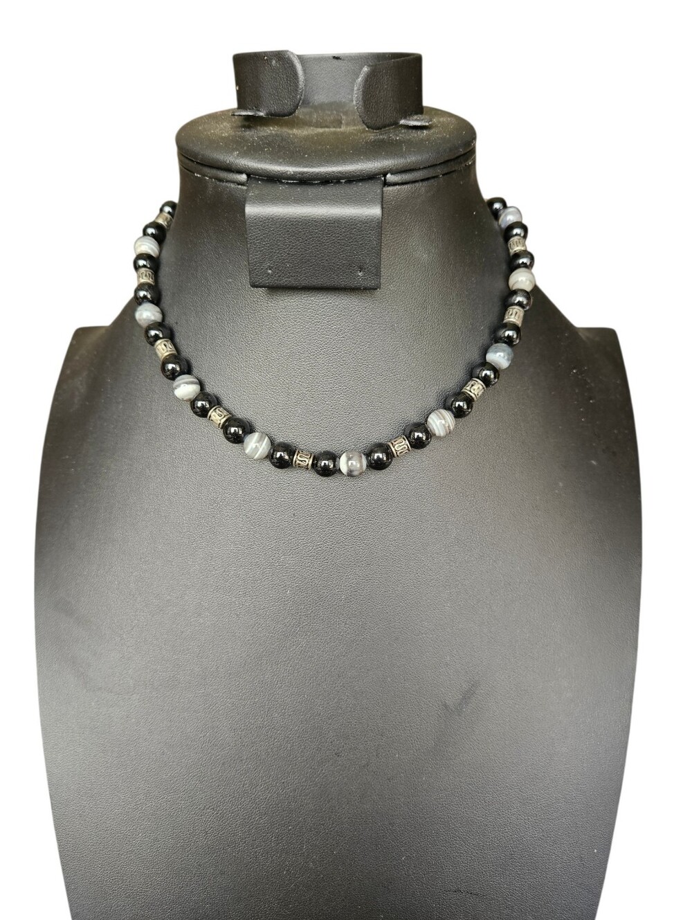Handmade Black And Gray Gemstone Bead Necklace 15"